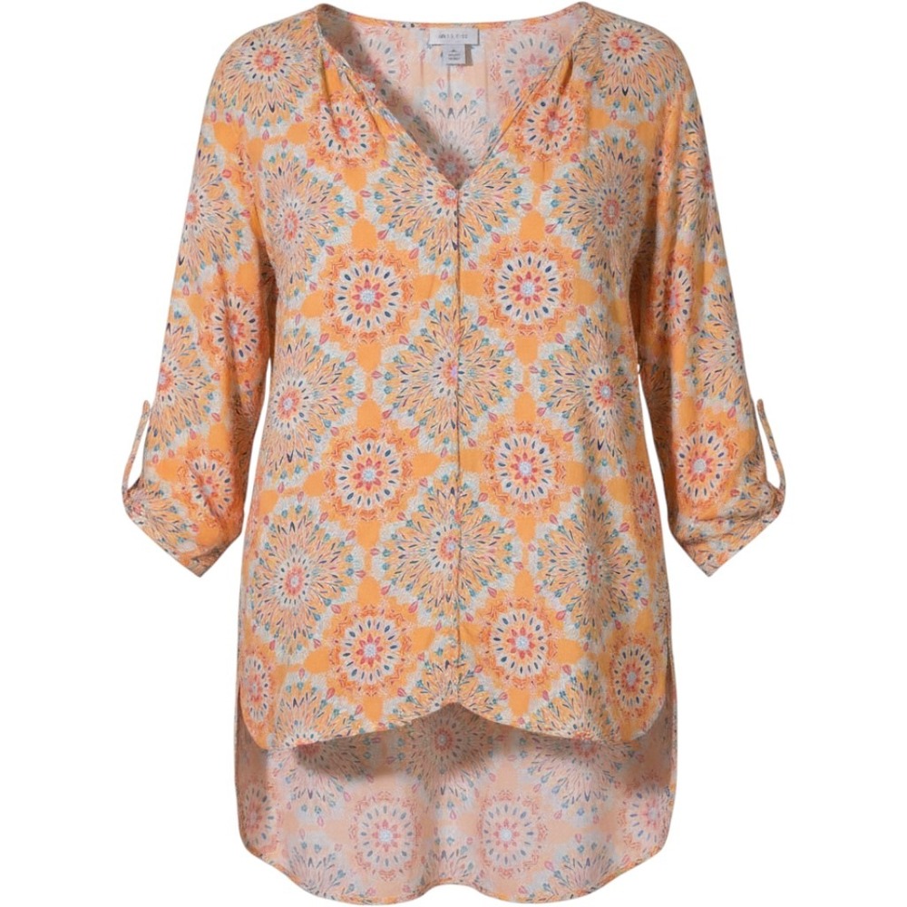 XL Women‎ Stylus Orange Turquoise Floral Dandelion Burst 3/4 Sleeve Blouse Top